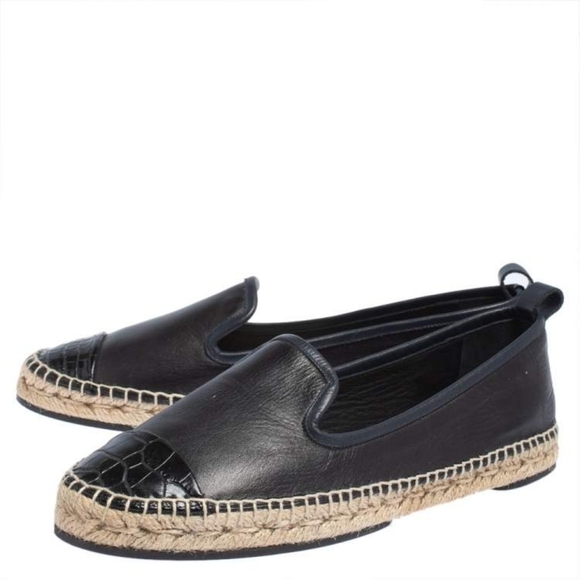 Fendi Leather Black Croc Embossed Cap Toe Junia Espadrilles Flats Size 37 - Picture 15 of 15